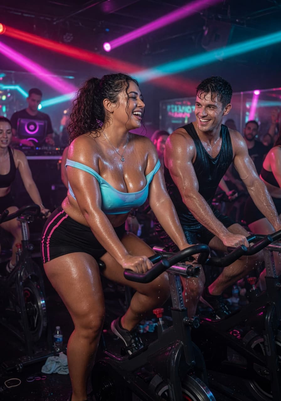 The Floor: a packed room, arms raised, instructor silhouetted against pink and cyan spotlights